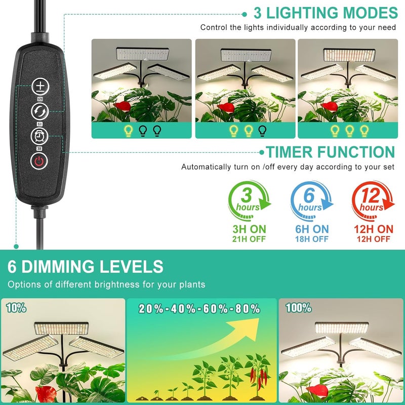 LBW Upgraded Desk Grow Lights for Indoor Plants, Tri-Head 642 LEDs Tabletop Full Spectrum Grow Light, with 3/6/12H Timer, 6 Brightness Levels, 3 Lighting Modes, Height Adjustable for 10-26 inches - Image 4